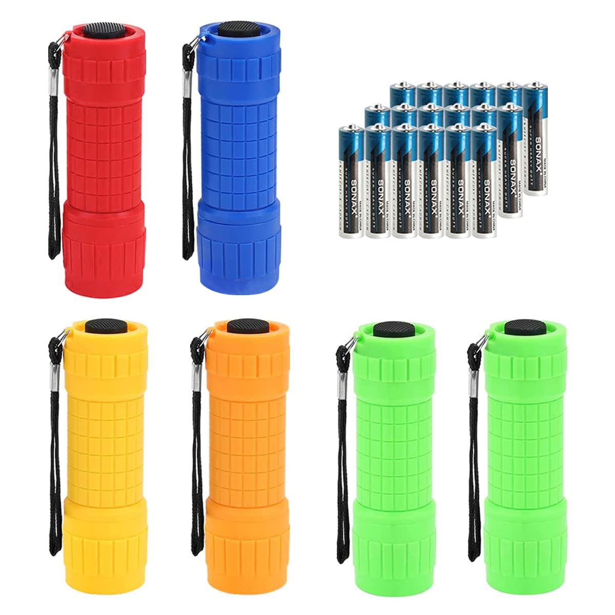 Whaply 6-Pack Small Mini Flashlight Set, 5 Colors, COB LED Handheld Flashlight with Lanyard,18-Pack AAA Battery Included for Kid