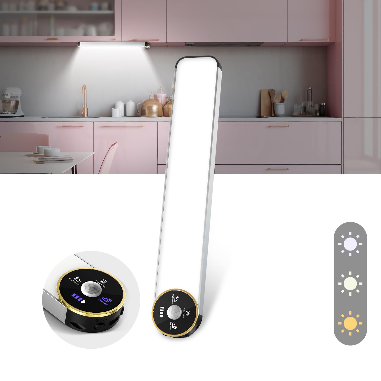 COLIJOY 50 LED Motion Sensor Under Cabinet Lights, 3-Color Dimmable, Rechargeable 1600mAh Battery, Digital Display, 10 Inch Wire