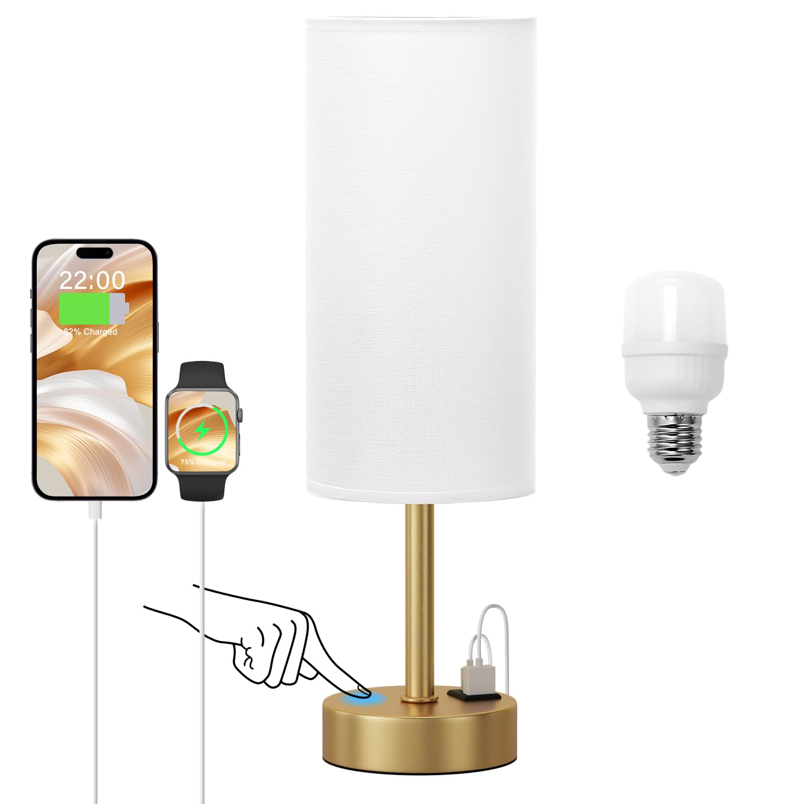 Bedside Touch Table Lamps For Bedroom Nightstand With Usb-C Usb-A Charging Ports, 3 Way Dimmable, White & Gold Small Lamp For Of