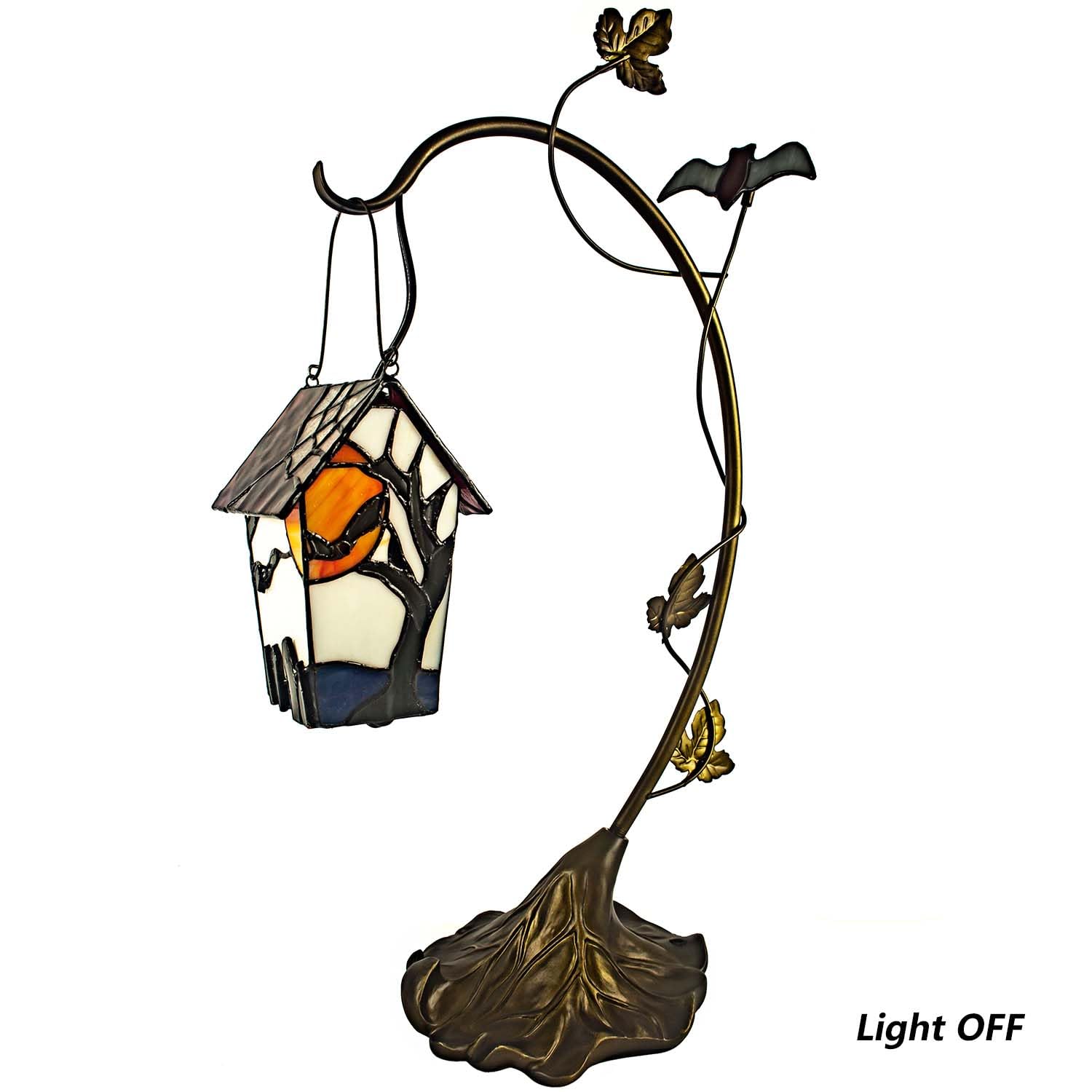 Bieye Tiffany Style Stained Glass Birdhouse Table Lamp, 21in High, Bat Nest, Model L30617, Halloween Decor