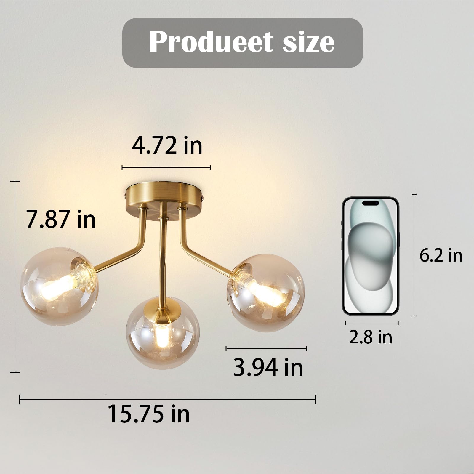 Modern Sputnik Chandeliers 3 Light Gold Semi Flush Mount Ceiling Light Fixture Pendant Lamps Bulbs With Glass Globe Lighting For
