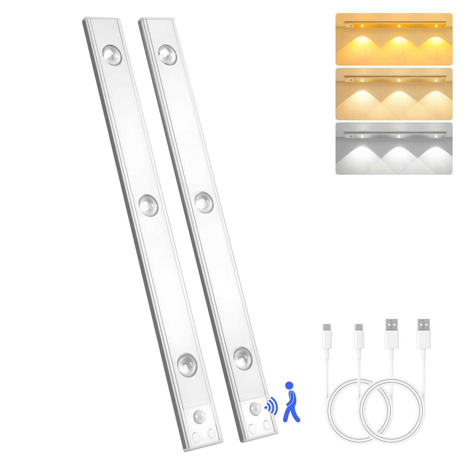SUNLINKCO 3 LED Under Cabinet Light, Under Counter Dimmable Lighting with Motion Sensor, USB Rechargeable, Cats Eye Hill Corruga