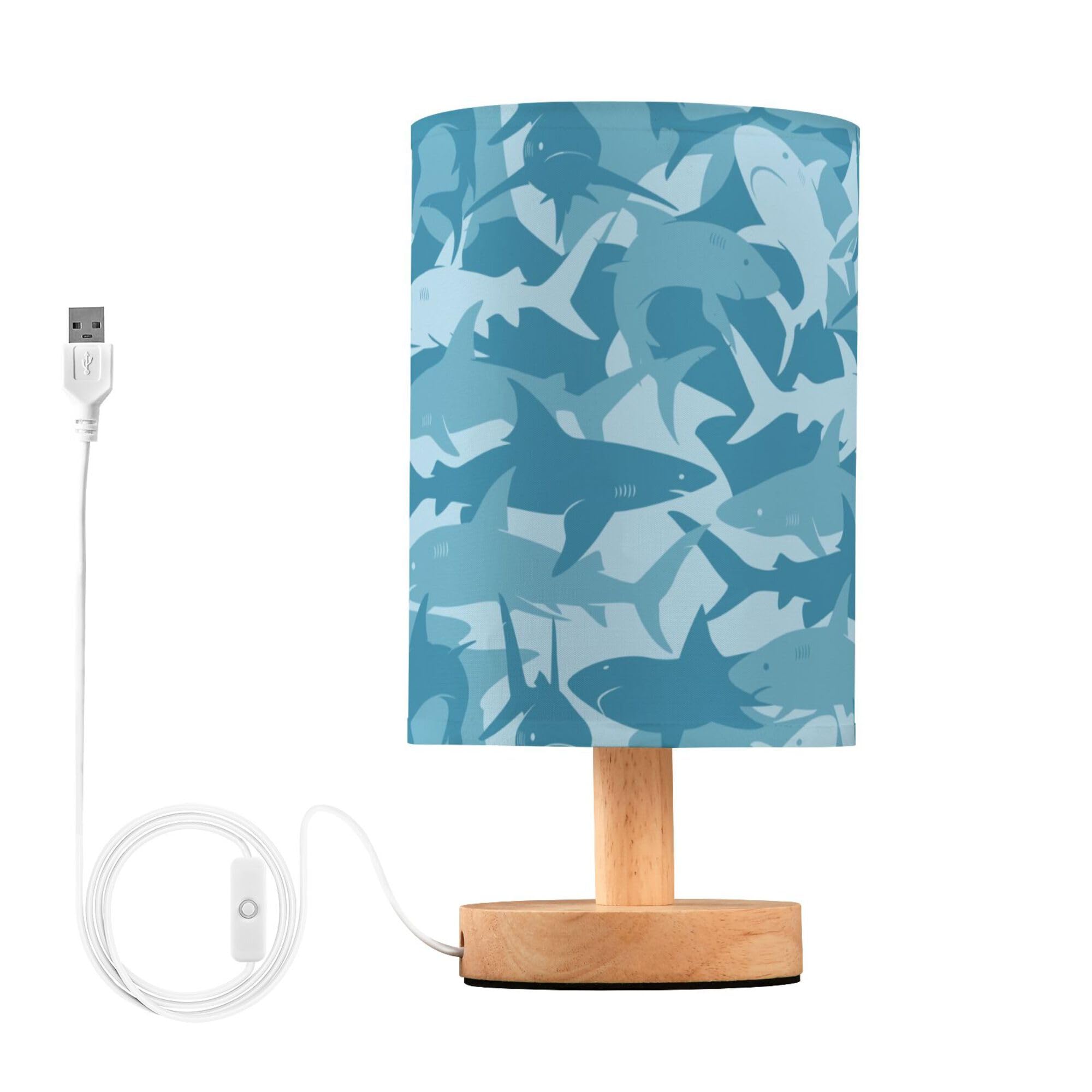 YYZZH Table Lamp Blue Shark Pattern Marine Animal Nightstand Lamp with Wood Base Fabric Lamp Shade Bedside Desk Lamp for Living 