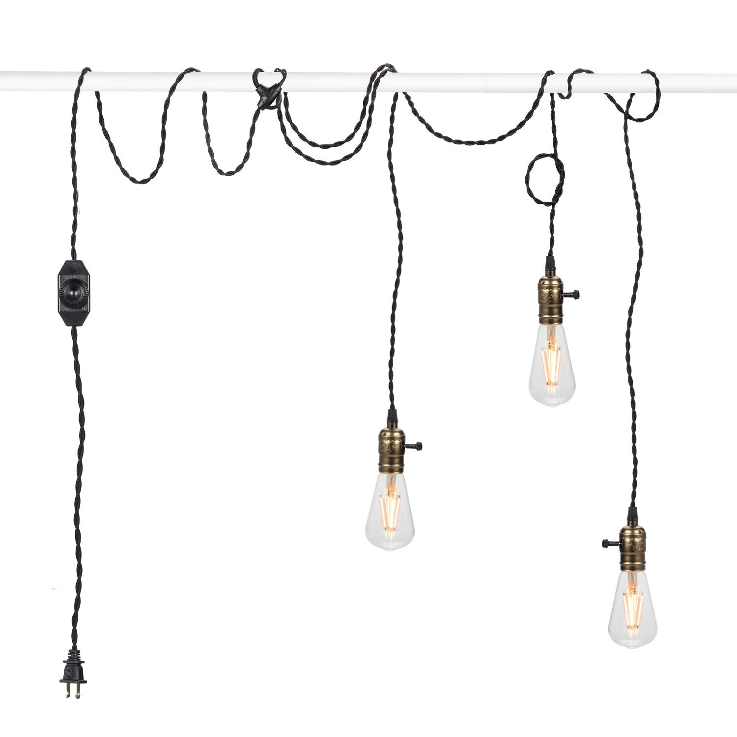 Vintage Pendant Light Kit Cord with Dimming Switch and Triple E26/E27 Industrial Light Socket Lamp Holder 25FT Twisted Black Clo