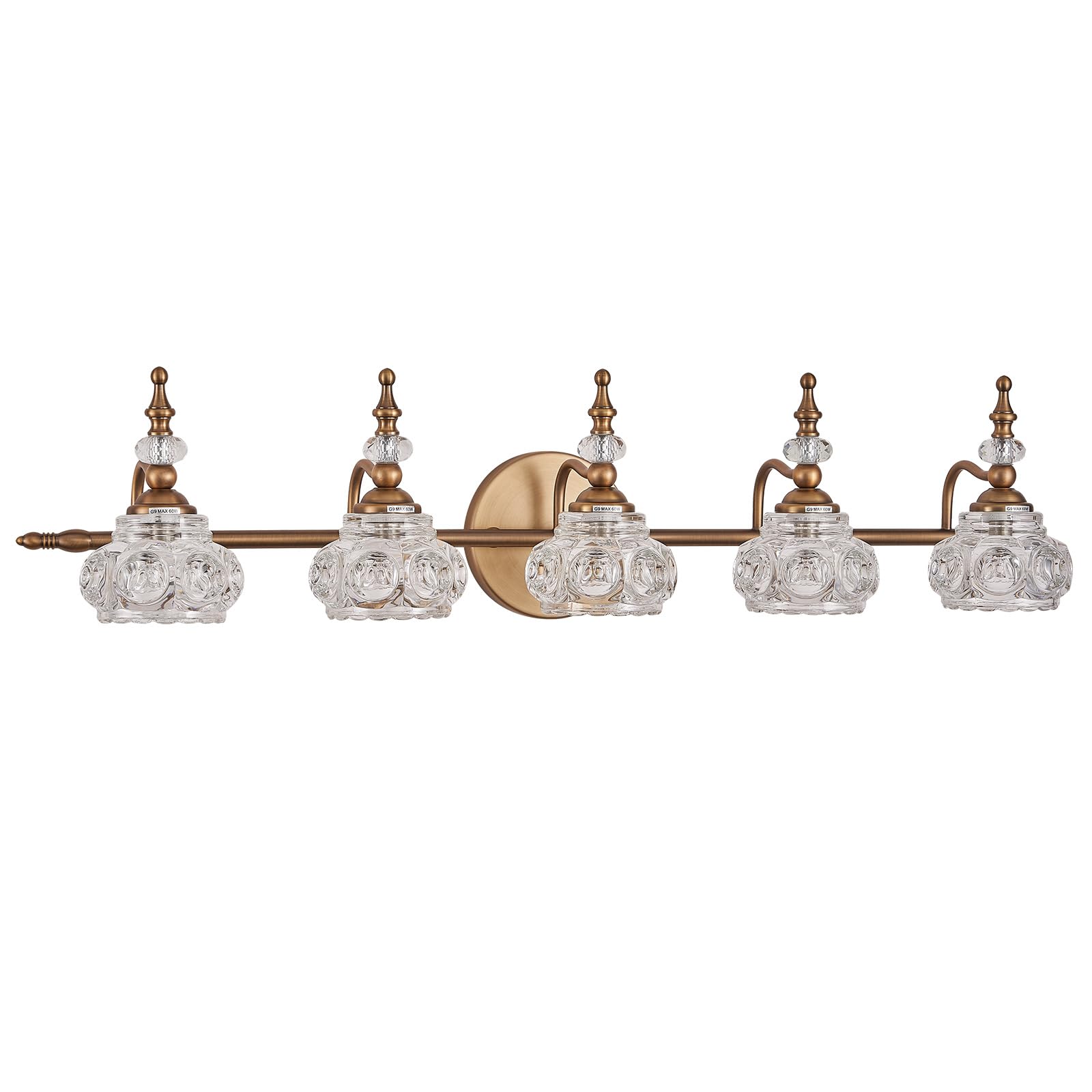 Zilanl Brass 5-Light Vintage Bathroom Vanity Light With Crystal Glass Shade