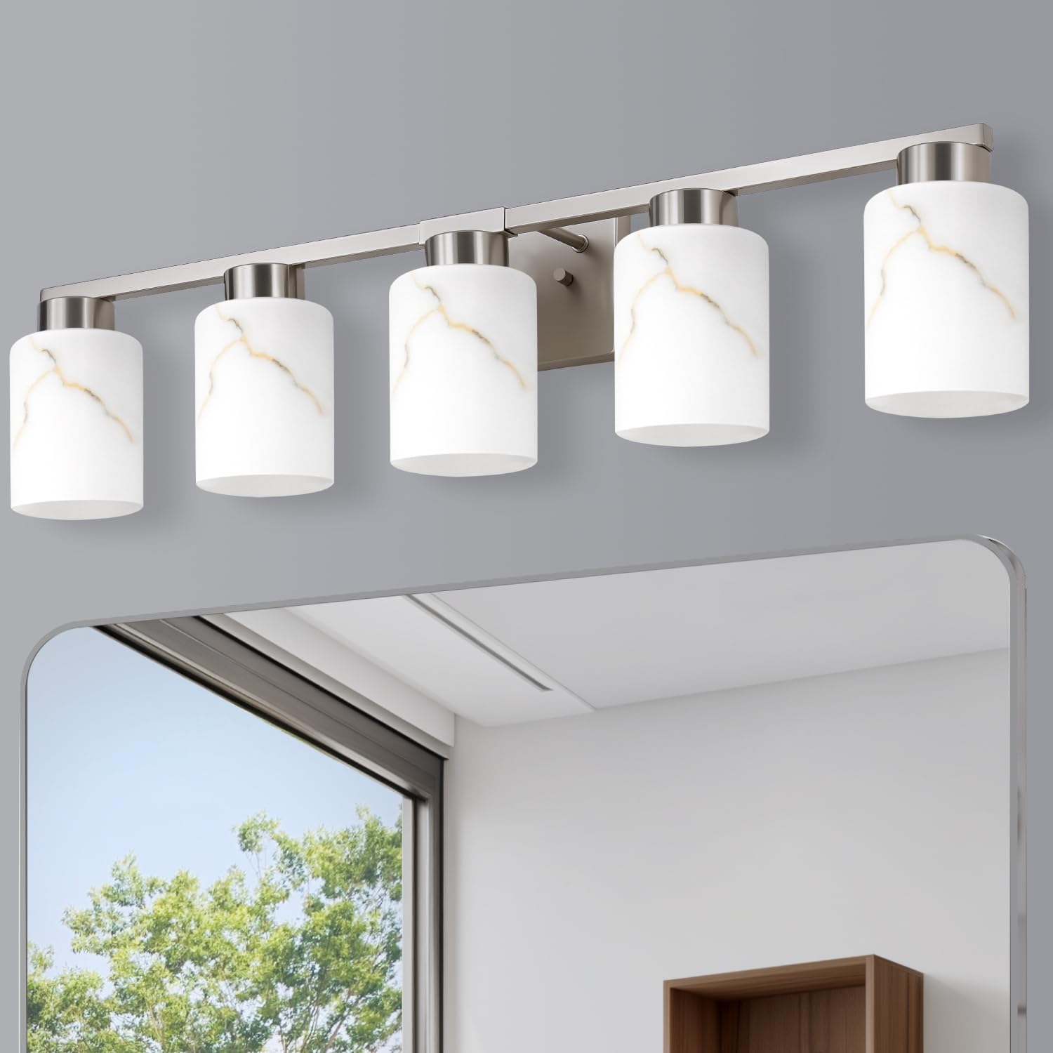 Mieloxiy 5-Light Bathroom Light Fixtures  Modern Vanity Lights  Brushed Nickel Metal Wall Lamp with White Marble Glass for Bathroom  Mirror  Living Room  Bedroom  Cabinet  Porch  Hallway  E26 Base