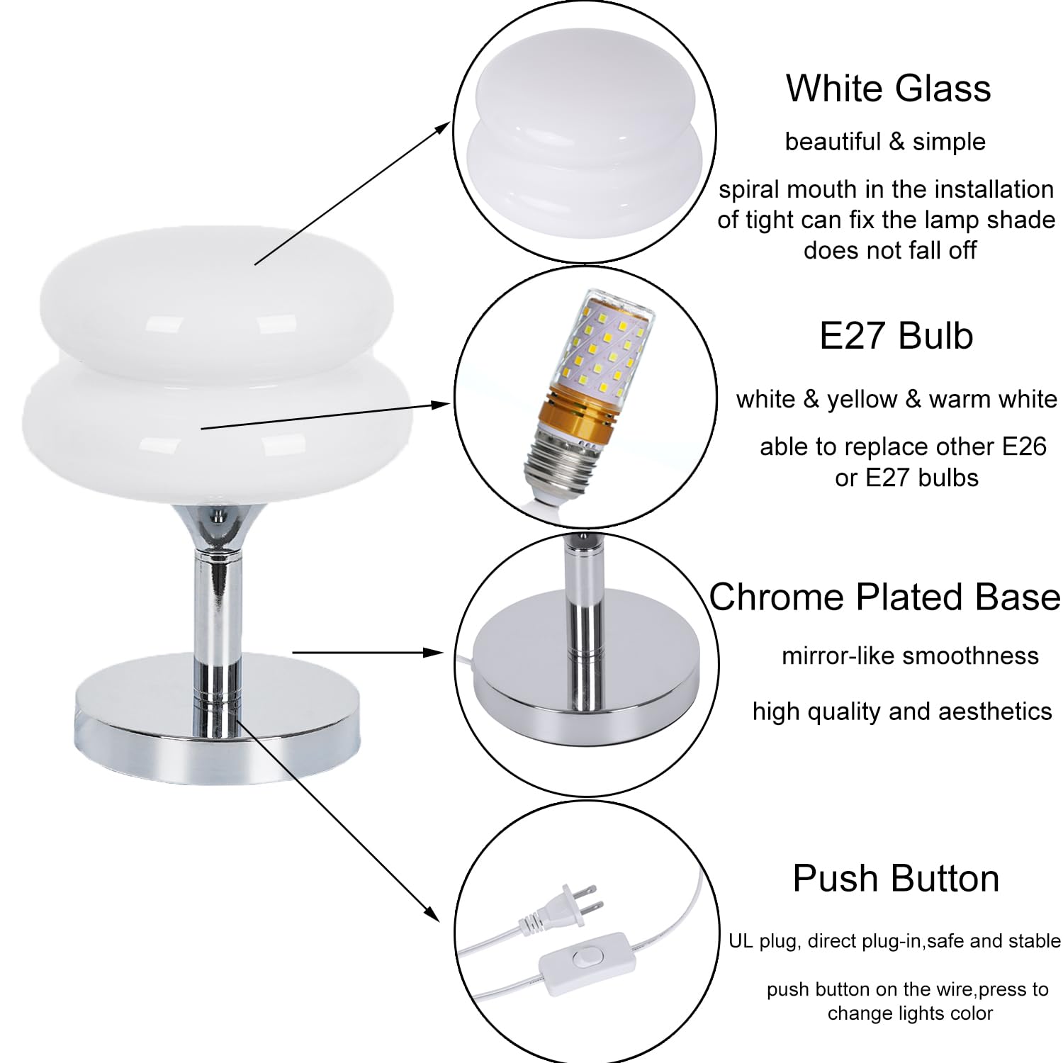 Jiesheng Pink Glass Bedside Lamp, Retro 10.63&quot; Desk Light With 3 Color Modes, E27 Bulb