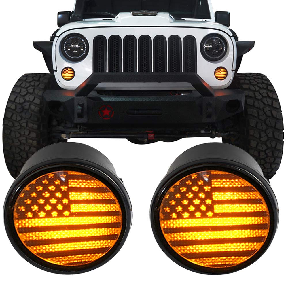 u-Box Wrangler JK US Flag Imaged LED Turn Signal Front Lights Amber LED Indicator Blinker for 2007-2018 Jeep Wrangler JK JKU Unl