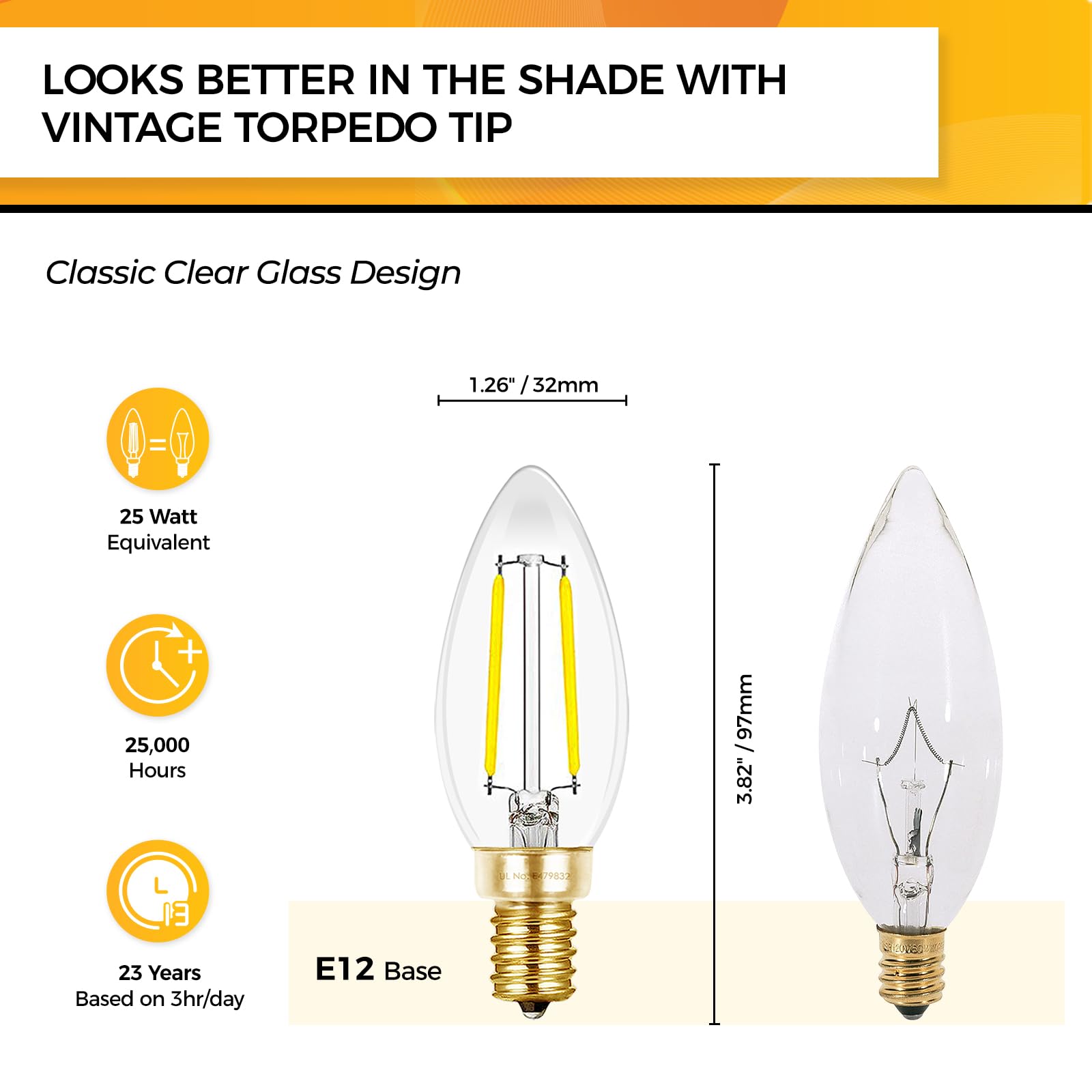 Hizashi LED Candelabra Bulbs 25W Dimmable E12 5000K Daylight White Glass 12 Pack B10 200LM UL Listed