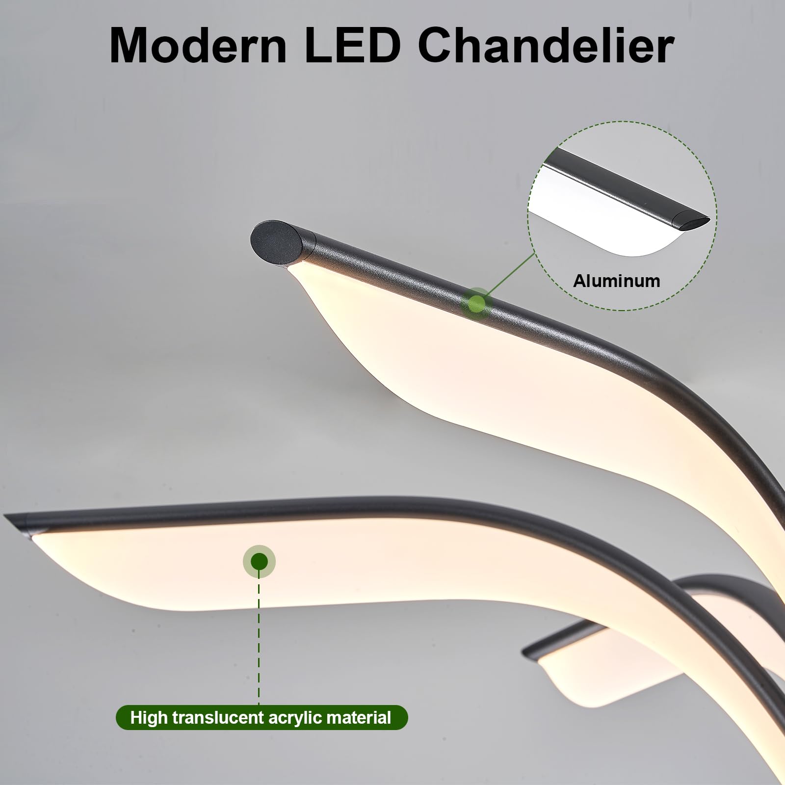 Benkut Black LED Chandelier Dimmable Modern Pendant Light Fixture 35 Remote Control 60W 3000K-6500K for Dining Room, Living Room