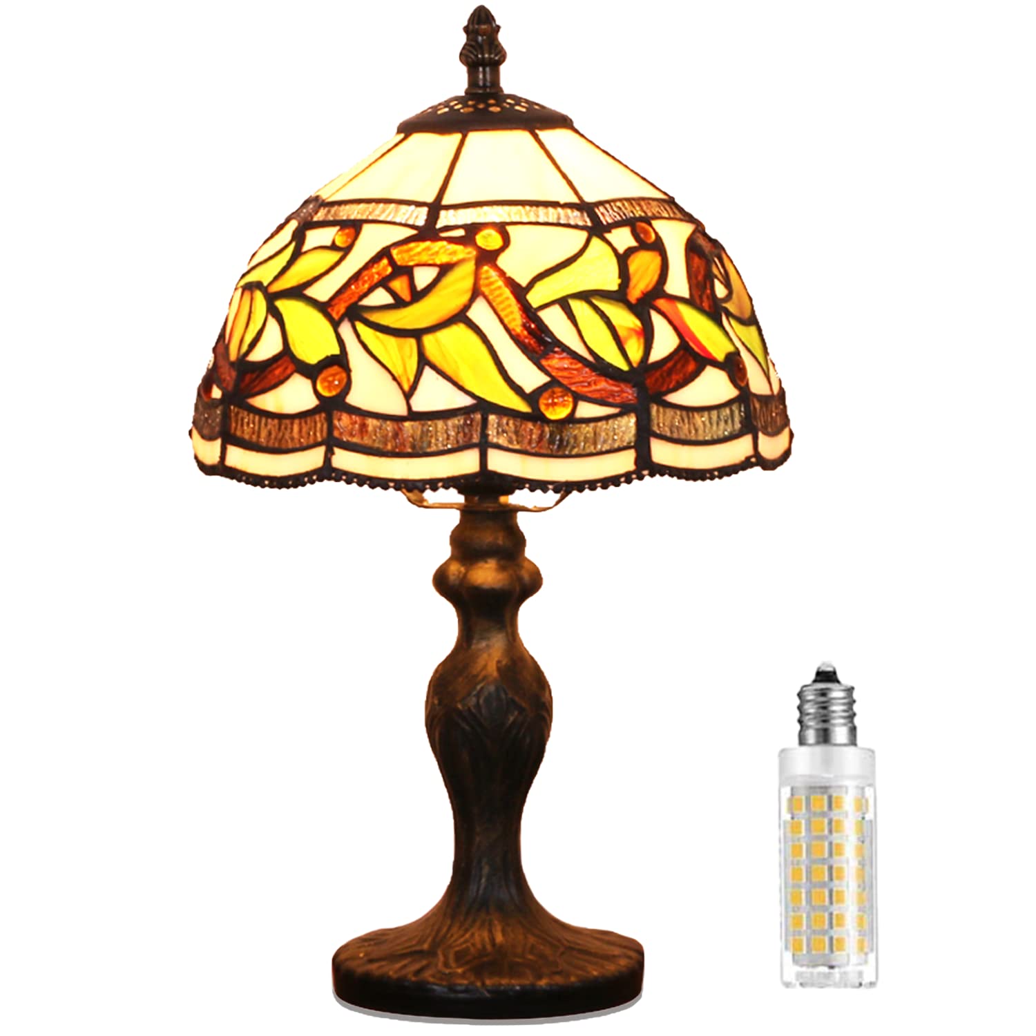 MIAOKE Stained Glass Table Lamp, Handmade Antique Light for Bedroom, Living Room, Desk, Leaf Flower Design