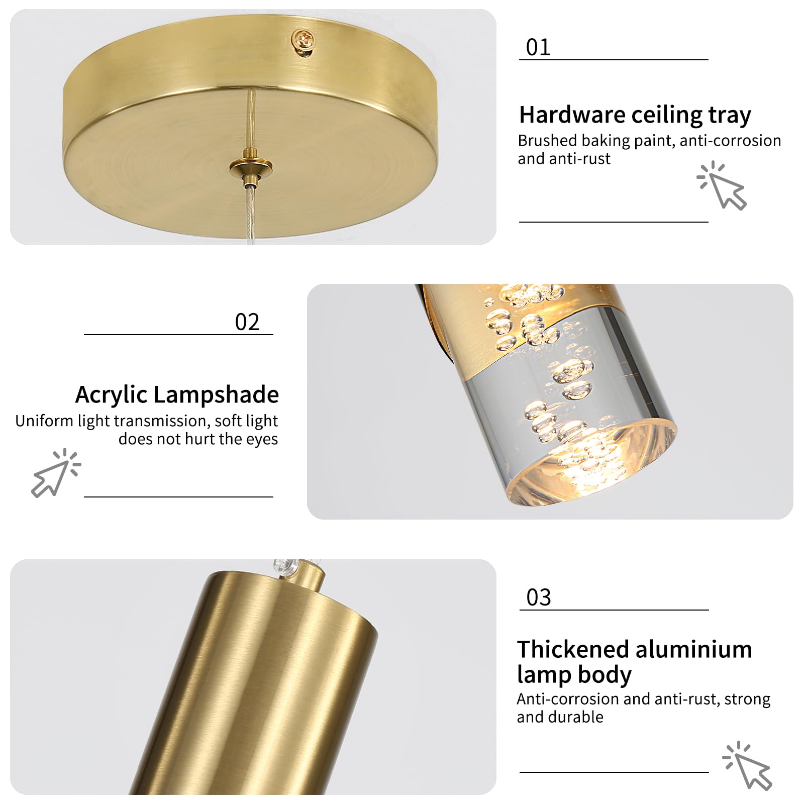 Modern Gold Pendant Light Fixture  Acrylic Bubble Cylinder Hanging Lights  3 Color 2700K/4500K/6500K  Minimalist Ceiling Chandelier Lighting For Dining Room  Bedroom  Hallway  Bar  Kitchen Island