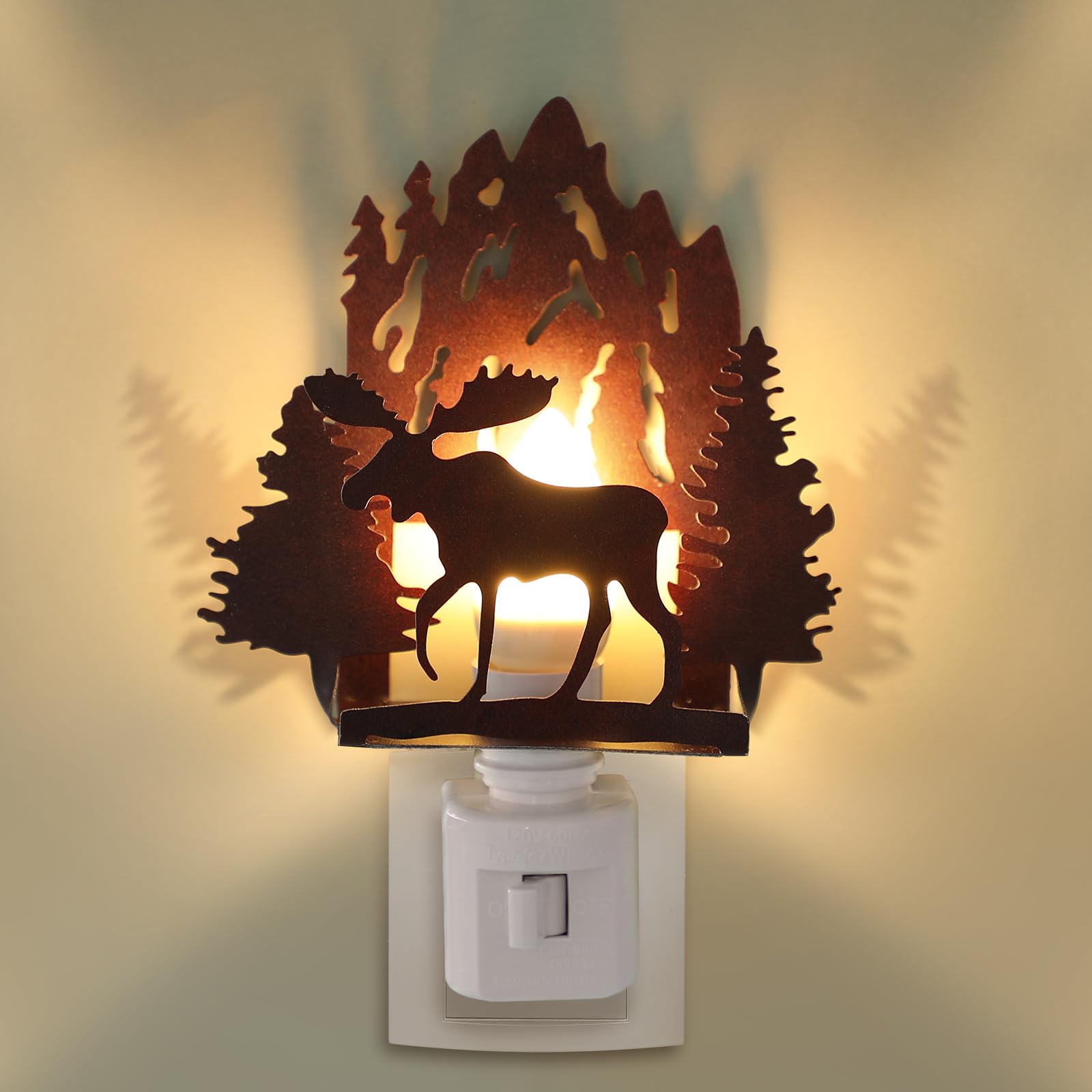 Tuanse Forest Moose Plug in Night Light Wilderness Farmhouse Metal LED Night Light Decorative Vintage Forest Mountain Lamp Decor