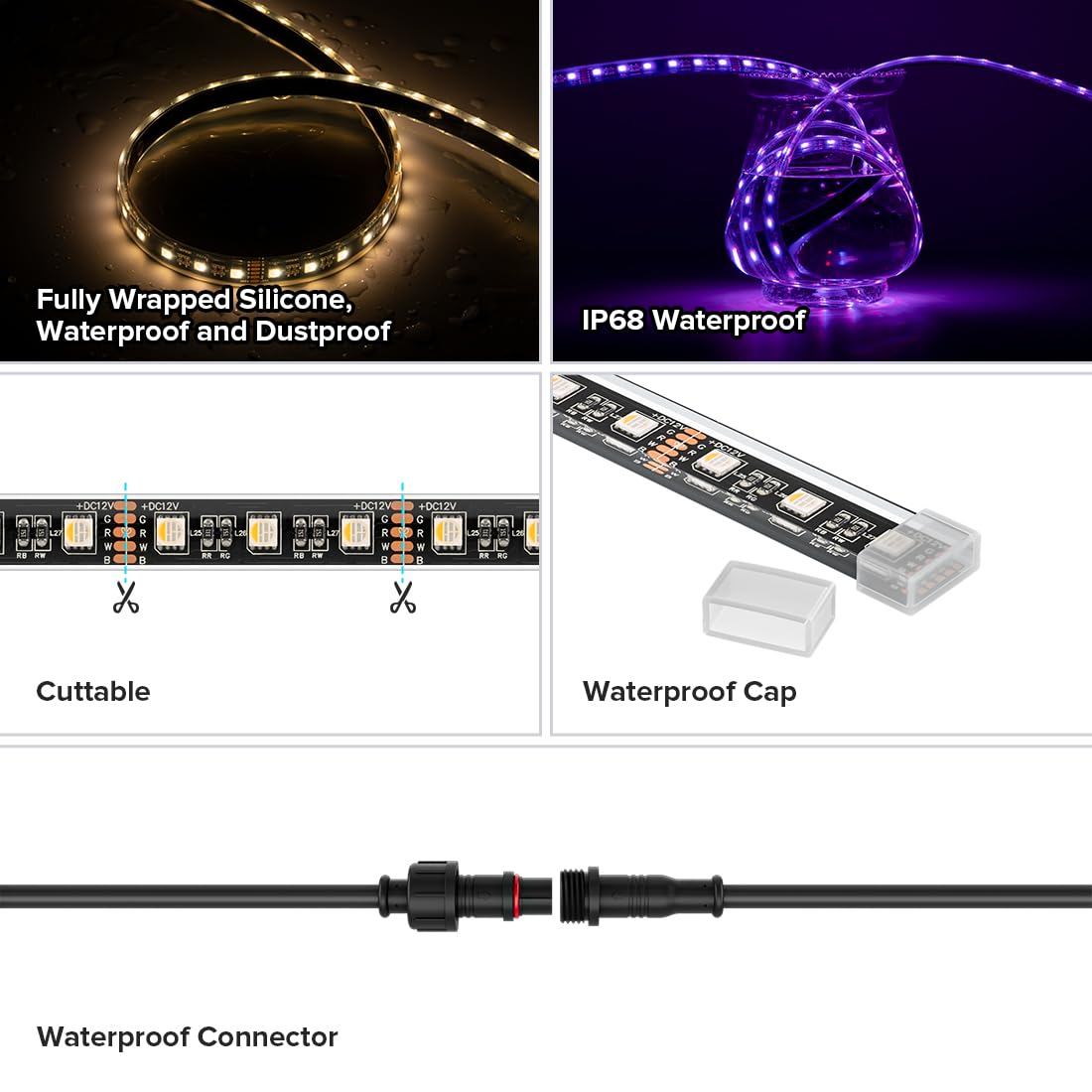 Btf-Lighting Ip68 Waterproof Outdoor Rgbw Led Strip 5050Smd Rgb+Cool White(6000K-7000K) 4 Colors In 1 Dc12V 5M 16.4Ft 60Led/M Mu