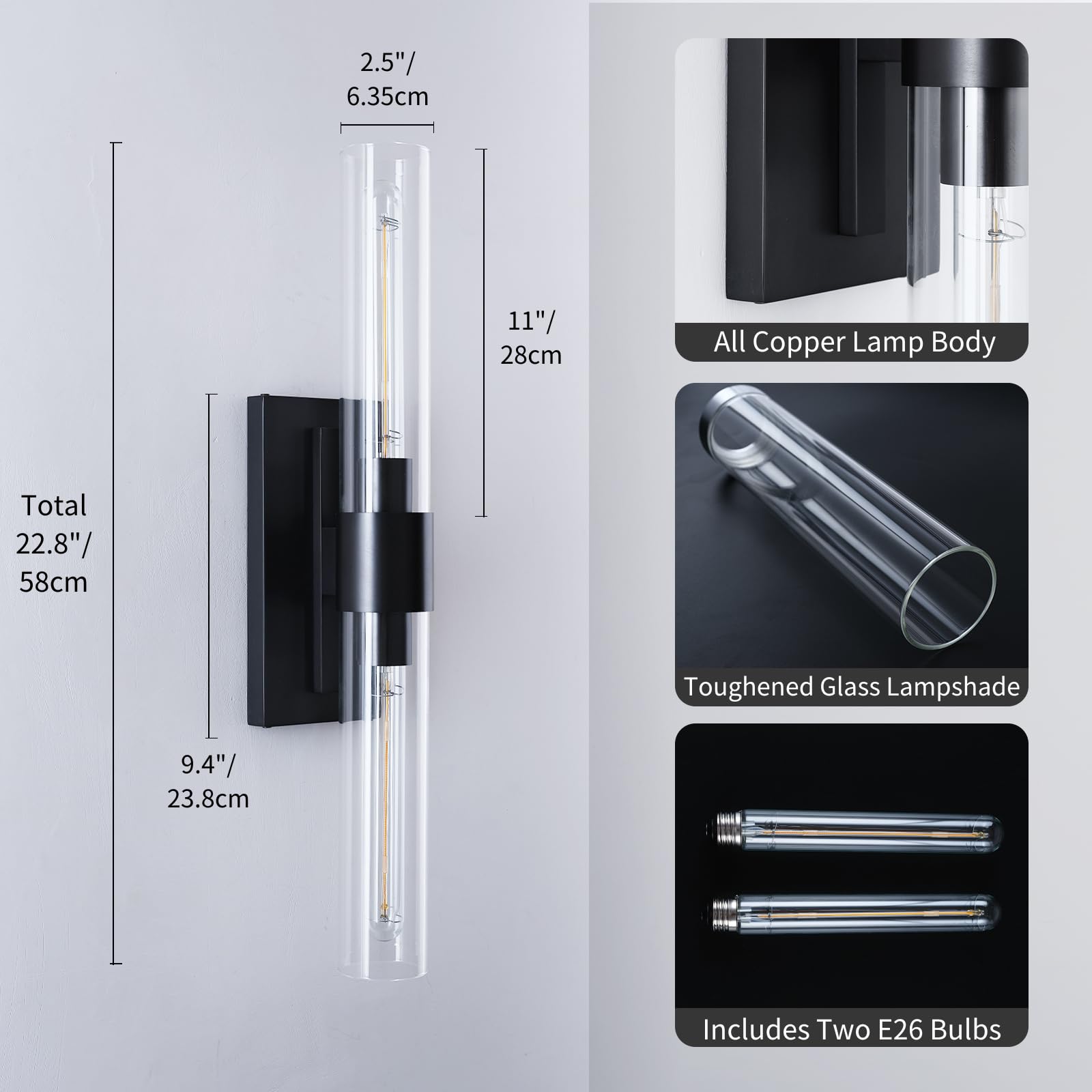 Zhtiechui Modern Wall Sconces, 22.8In Black, 2-Light Indoor Wall Mounted Sconces, Bathroom Vanity Light For Living Room, Bedroom