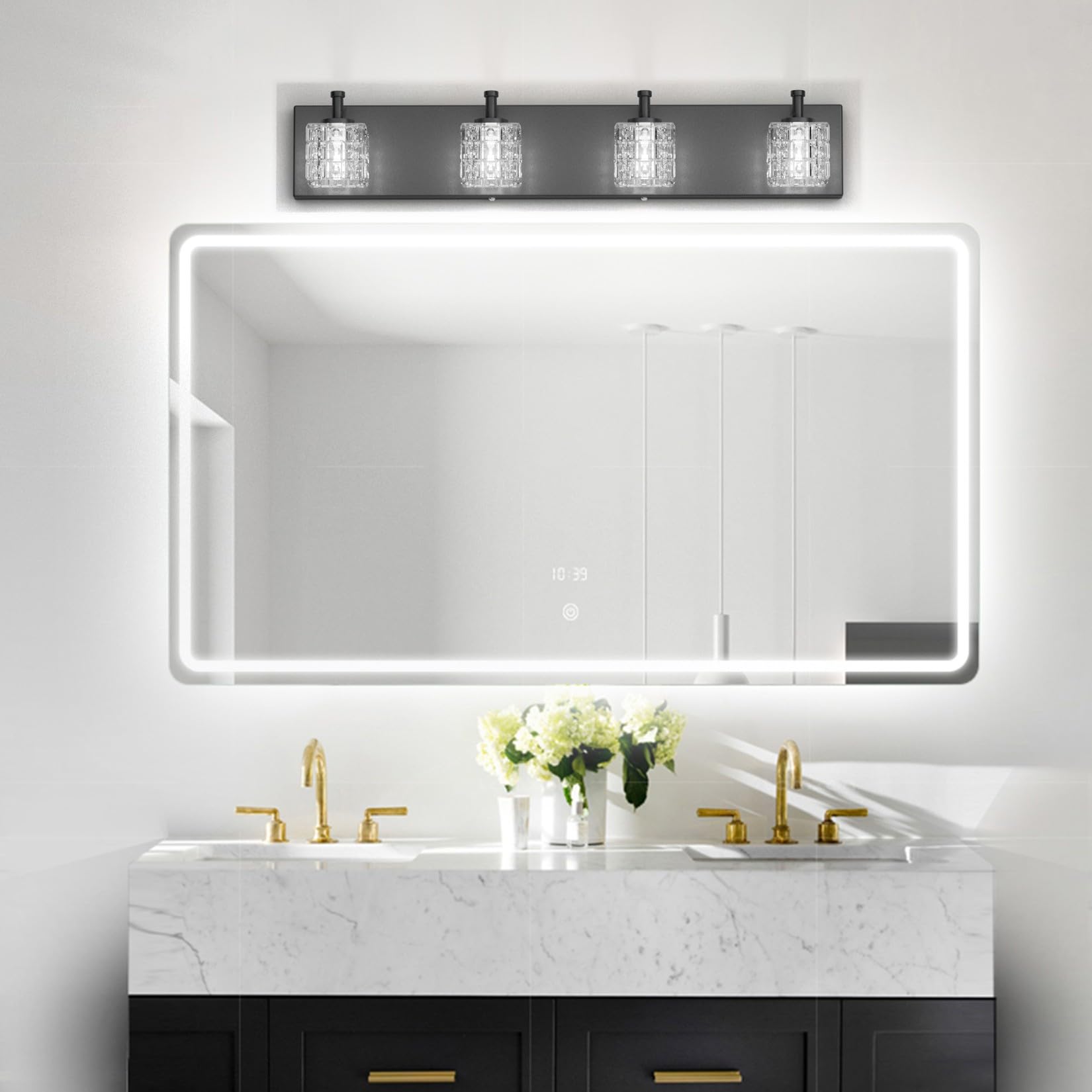 Ralbay Crystal Vanity Lights - 4 LED Matte Black Bathroom Lights Over Mirror - 26 inch - Model 9822ralbay - Metal