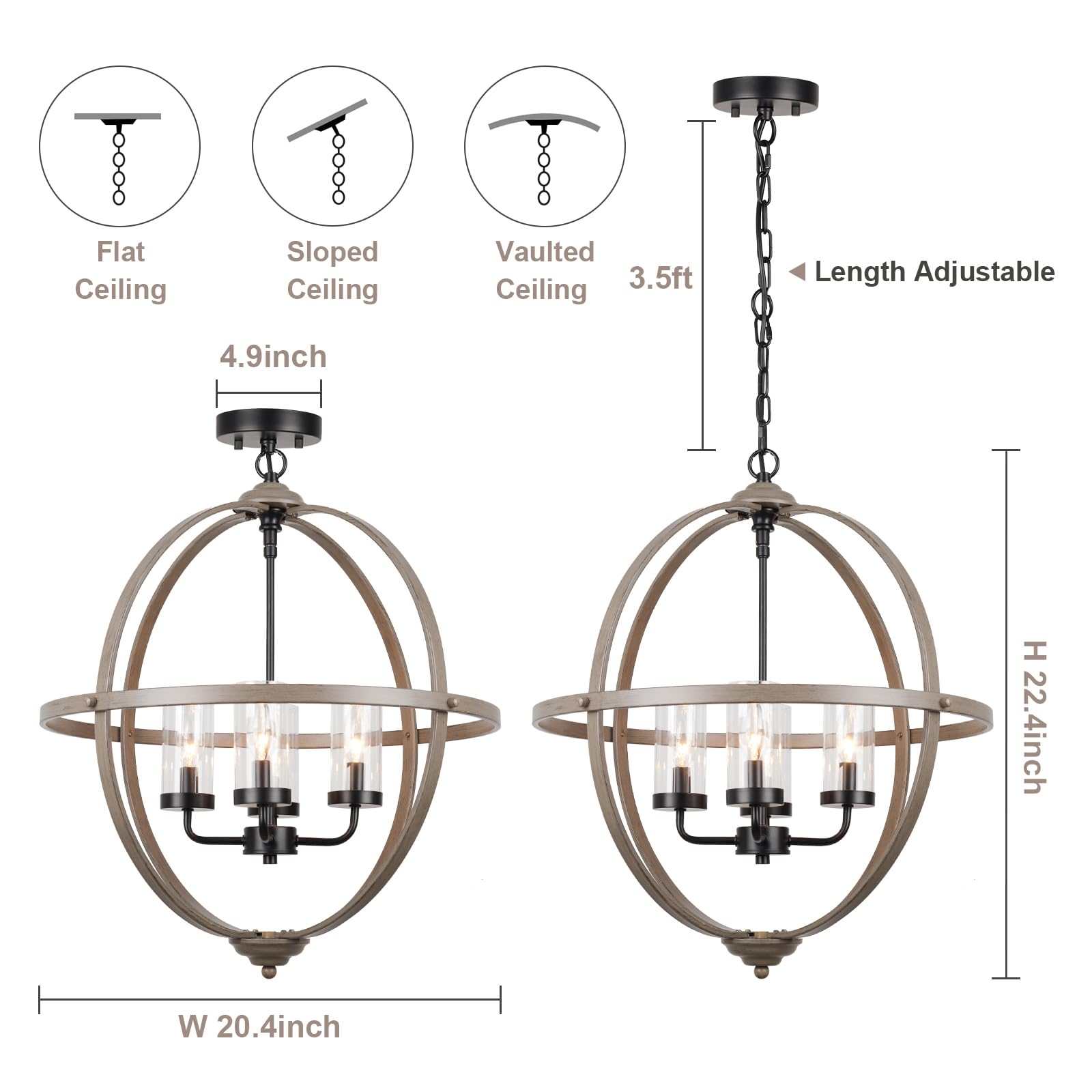 Treekee Farmhouse Chandelier, 4-Light Iron Globe Sphere, 17in Wood Finish for Dining Room, Entryway, Kitchen Island