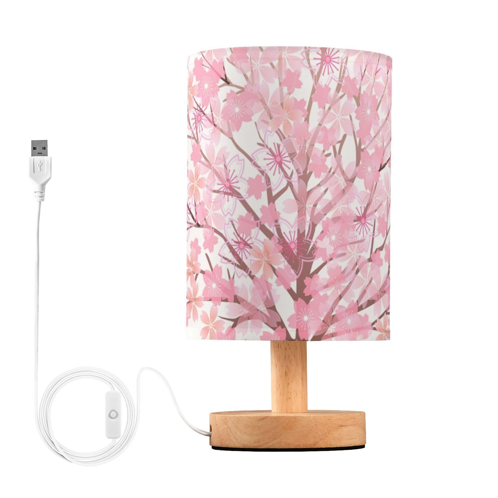 YYZZH Table Lamp Pink Cherry Blossom Tree Spring Flower Nightstand Lamp with Wood Base Fabric Lamp Shade Bedside Desk Lamp for L
