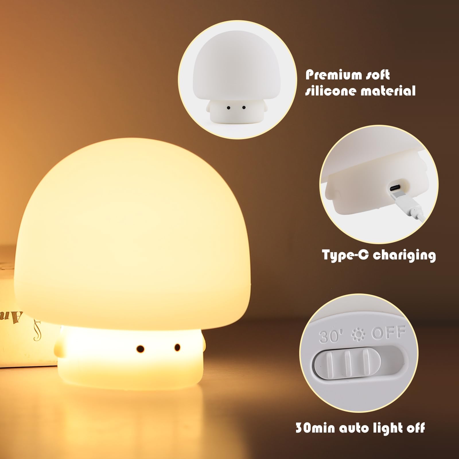 YISUN Mushroom Night Light, Rechargeable LED Silicone Lamp, 3 Level Dimmable, Cute Design for Kids Room, Mushroom White, Model A021