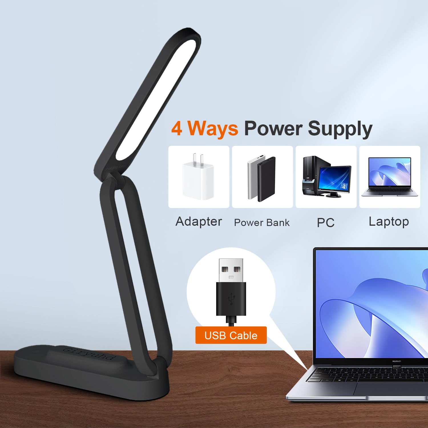 Giryuhd LED Desk Lamp - Rechargeable & Portable, 3 Brightness, 6.8x1.8x1.6in, Black-2Pack, Model A211,