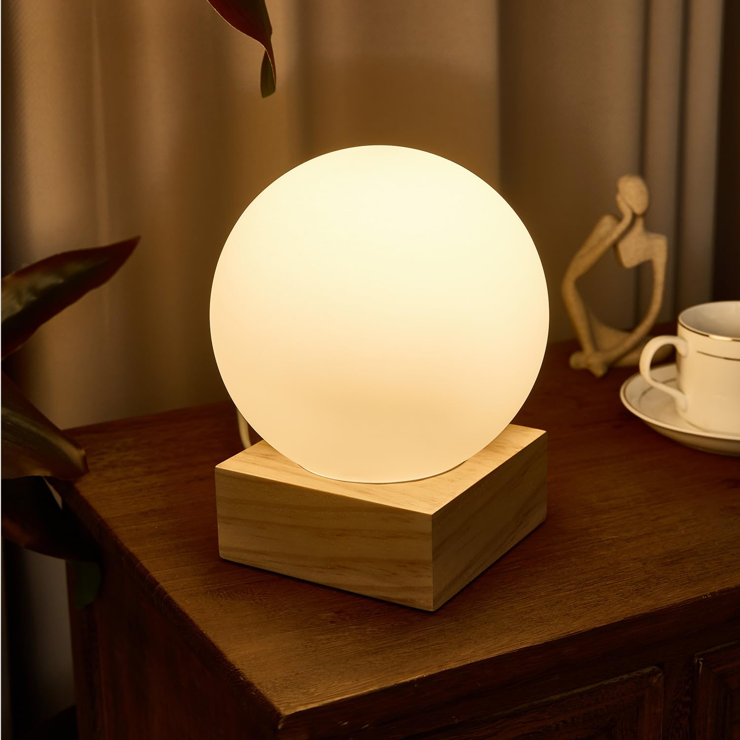 FLORNIA Globe Ball Lamp Modern Industrial Table Lamp, Unique Bedside Nightstand Desk Lamp with Glass Shade and Solid Wood Base f