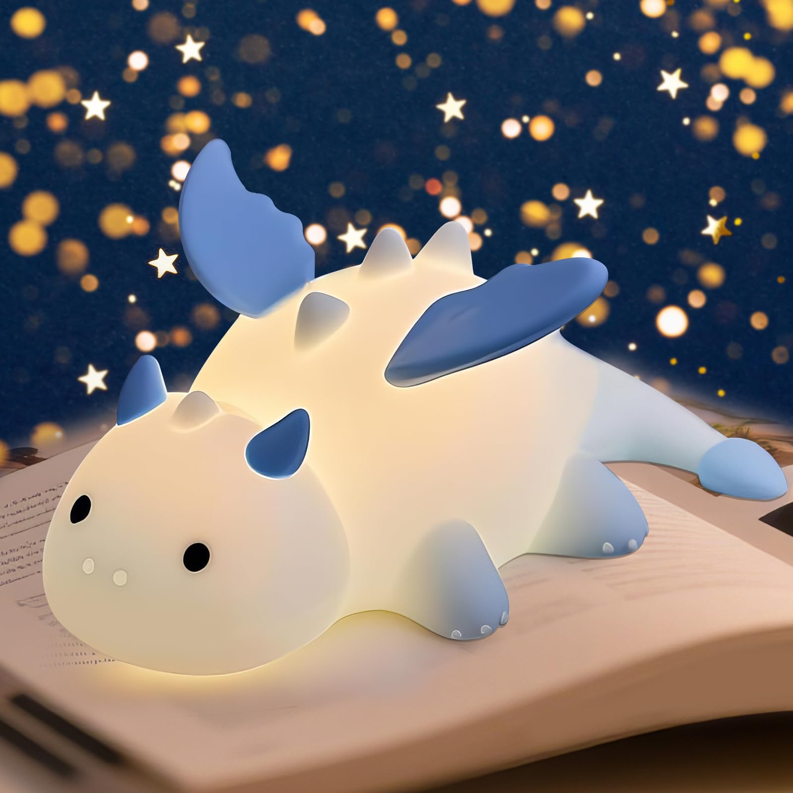 AVEKI Blue Dragon Night Light, Cute Baby Dragon Lamp Gifts for Kids Boys Girls, 10 Modes Dimmable Squishy Silicone Nursery Night