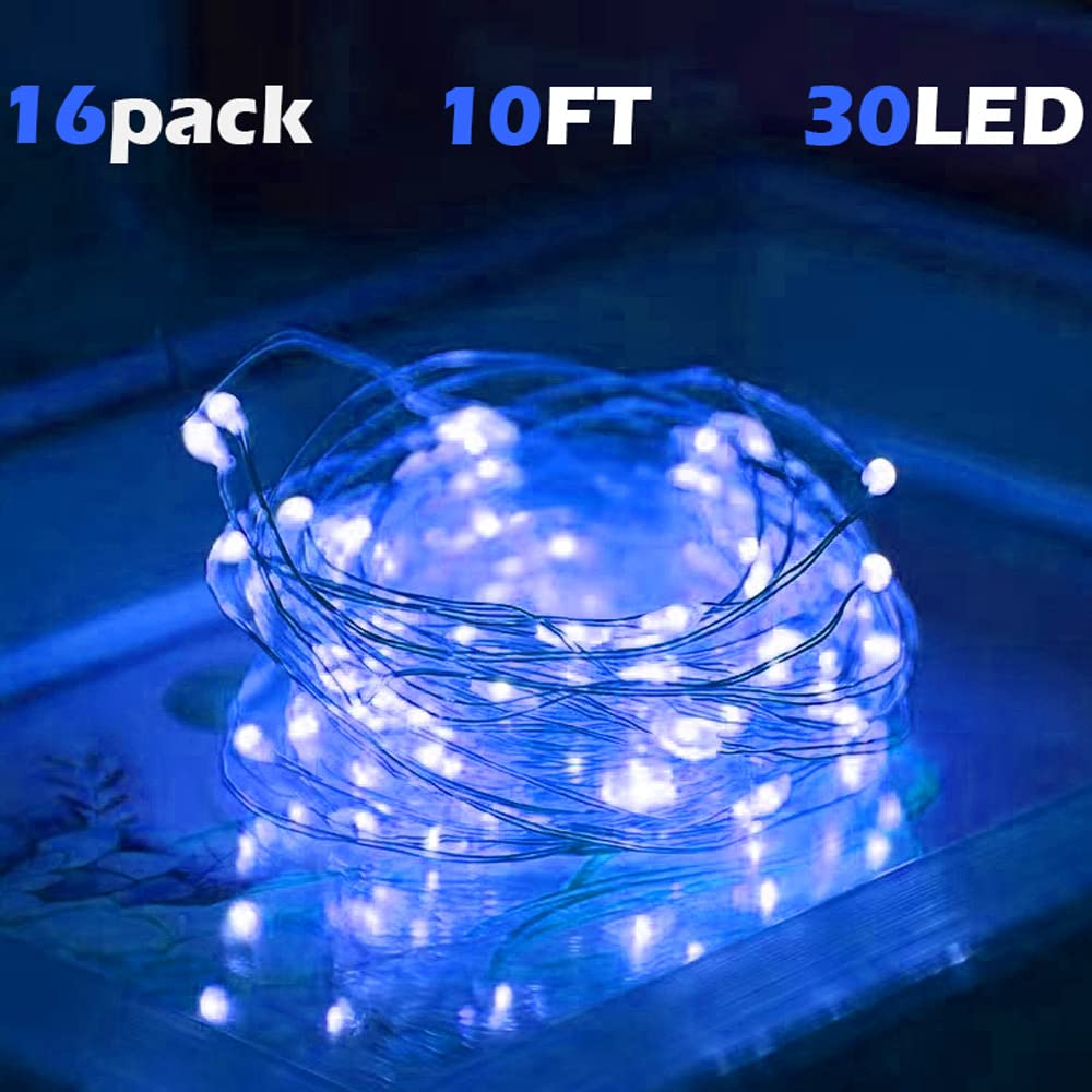 SOCO 16 Pack LED Fairy Lights - 10FT 30LED Copper Wire, IP65 Waterproof, Battery Operated, Blue, Model 2032 T07