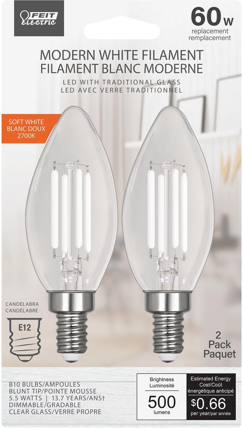 Feit Electric LED Bulb, Soft White Torpedo-Tip, 5.5W, E12 Base, 2700K, 90 CRI, 500 Lumen, Box of