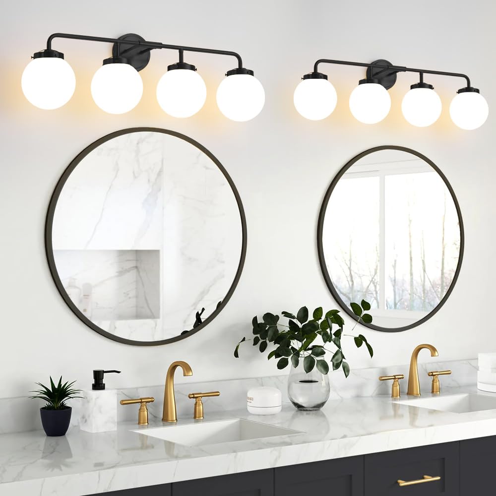 Deyidn Bathroom Light Fixtures Over Mirror, 4-Light Matte Black Vanity Lighting With Milk White Glass Globe Shades Modern Wall S