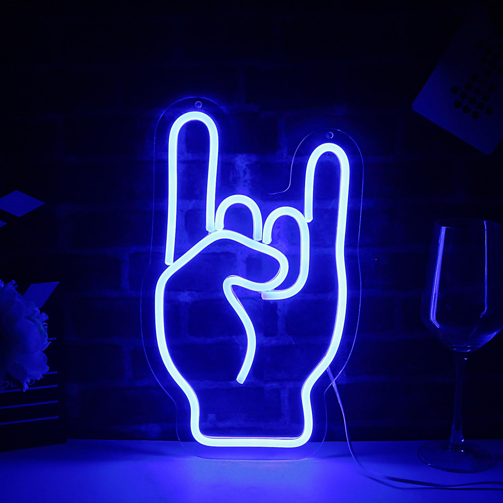 LeDigPig Rock on Hand Neon Sign LED Wall Decor Dimmable 14inx8.4in Acrylic Blue Stary-Rock on Hand for Bar Restaurant Music Concert