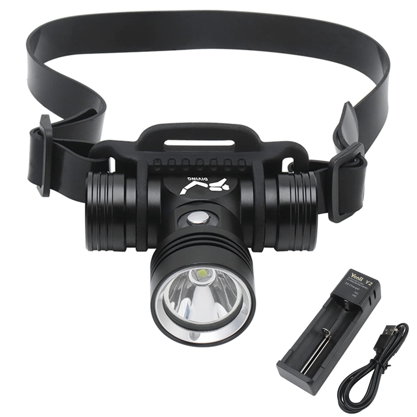 BORUIT B14 Diving Headlamp - Rechargeable, IPX8 Waterproof, 3 Light Modes, Black, 60M Underwater Use
