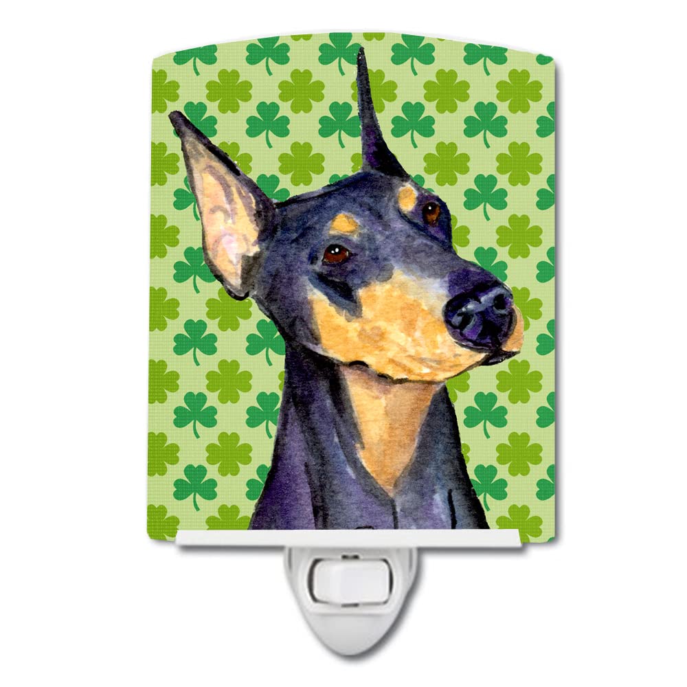 Caroline'S Treasures Ss4426Cnl Doberman St. Patrick'S Day Shamrock Portrait Ceramic Night Light Compact, Ul-Certified, Ideal For Bedroom, Bathroom, Nursery, Hallway, Kitchen, 6X4X3, Multicolor