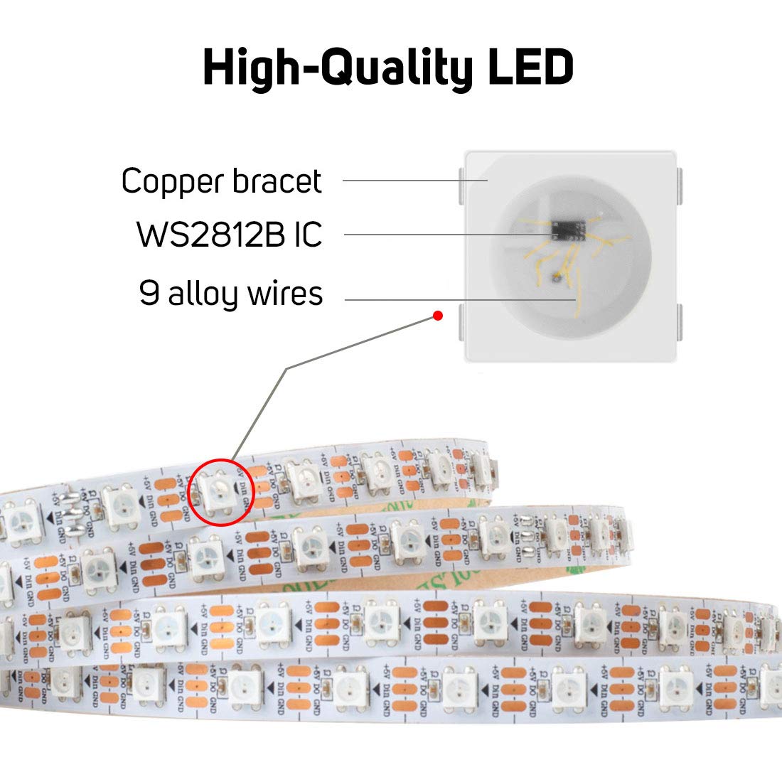 BTF-LIGHTING WS2812B RGB LED Strip 16.4FT 300LED Chasing Effects White IP30 FPCB