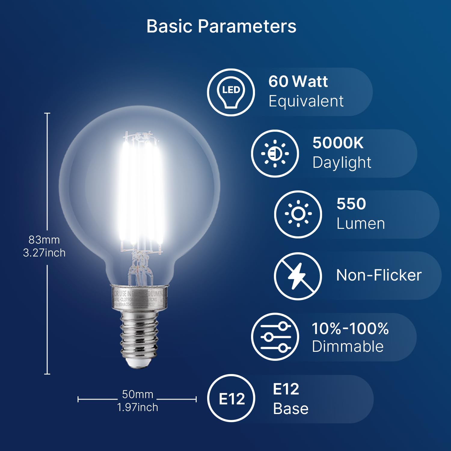 Flsnt 60W Equivalent Led Globe Candelabra Bulbs, Dimmable G16.5 Led E12 Chandelier Light Bulbs, 550Lm, Cri90, 5.5W, Ac 120V, 6 P