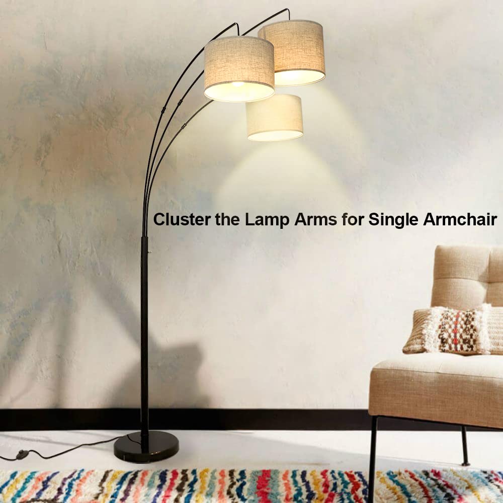DINGLILIGHTING DLLT 3-Light Arc Floor Lamp, Modern Iron & Fabric, 79" Tall, Black, E26 Base, 3-Way Switch, 9W Bul