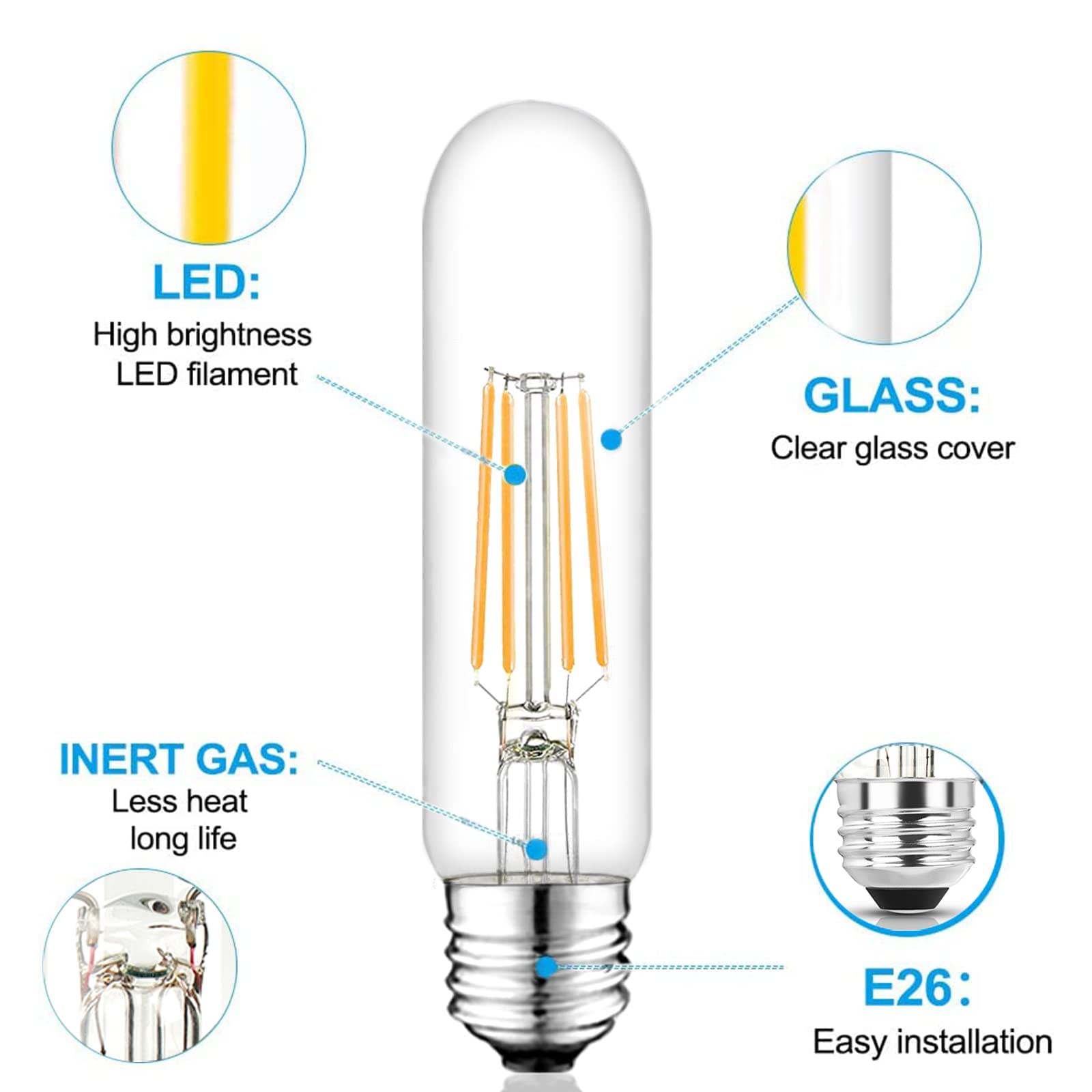 NOVELUX 5 Inch 4000k Neutral White E26 Led Bulb 60 Watt Dimmable,6W T10 Led Bulb Clear Glass Long Tubular Light Bulbs,T9 Bulbs f