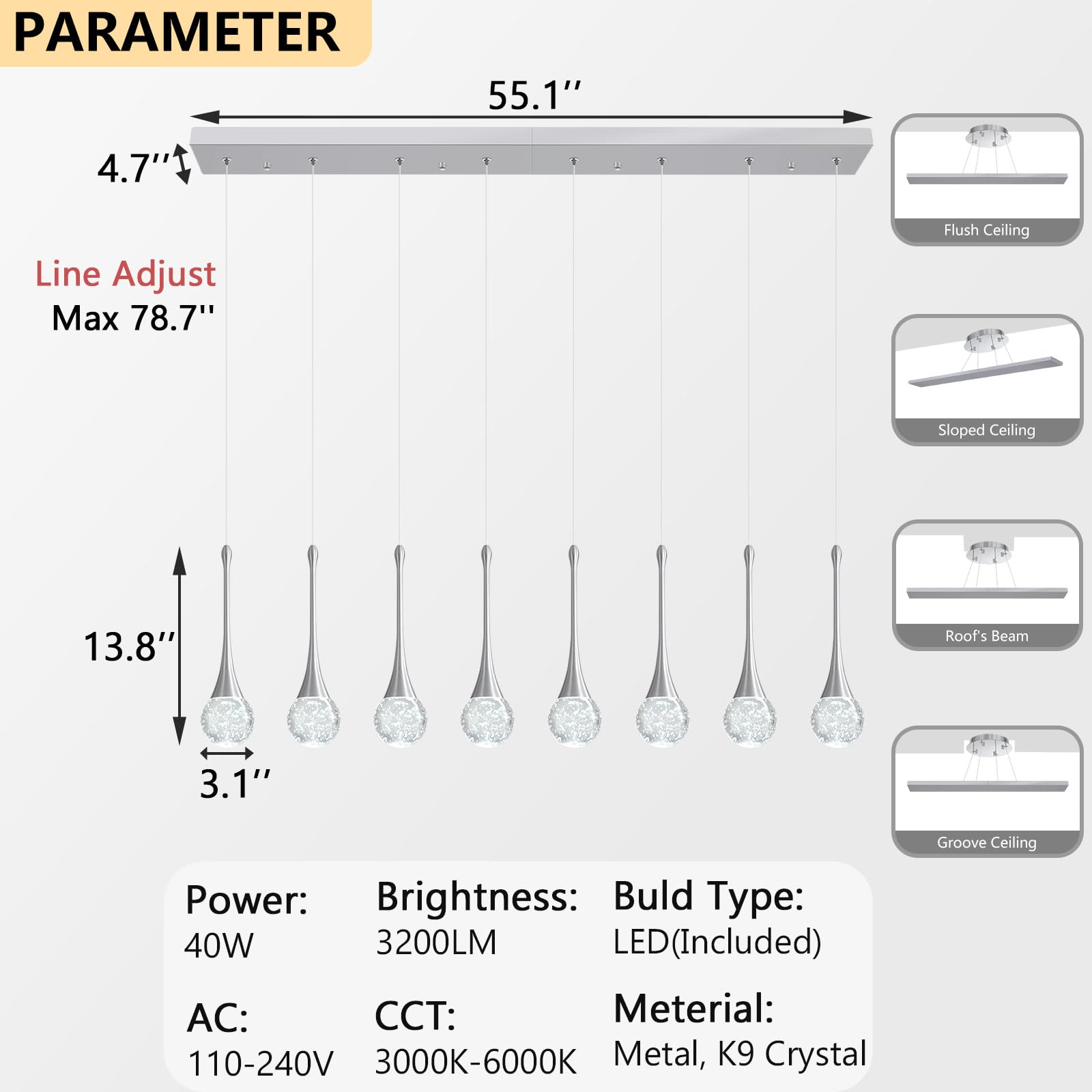 8 Light Modern Glam Crystal Rectangular Chandelier For High Ceiling Led Dimmable Ceiling Pendant Light Kitchen Island Staircase Foyer Enterway Living Room Chandelier Lighting Antique Silver
