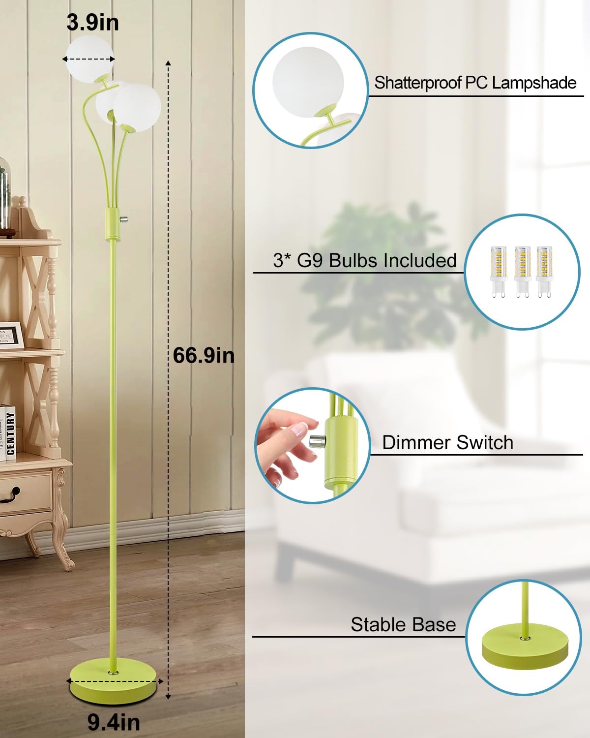Lightdot Globe Standing Lamps With 3Pcs 3000K G9 Bulbs Stepless Green Dimmable Floor Lamp With Stable Base 3-Lights Modern Desig