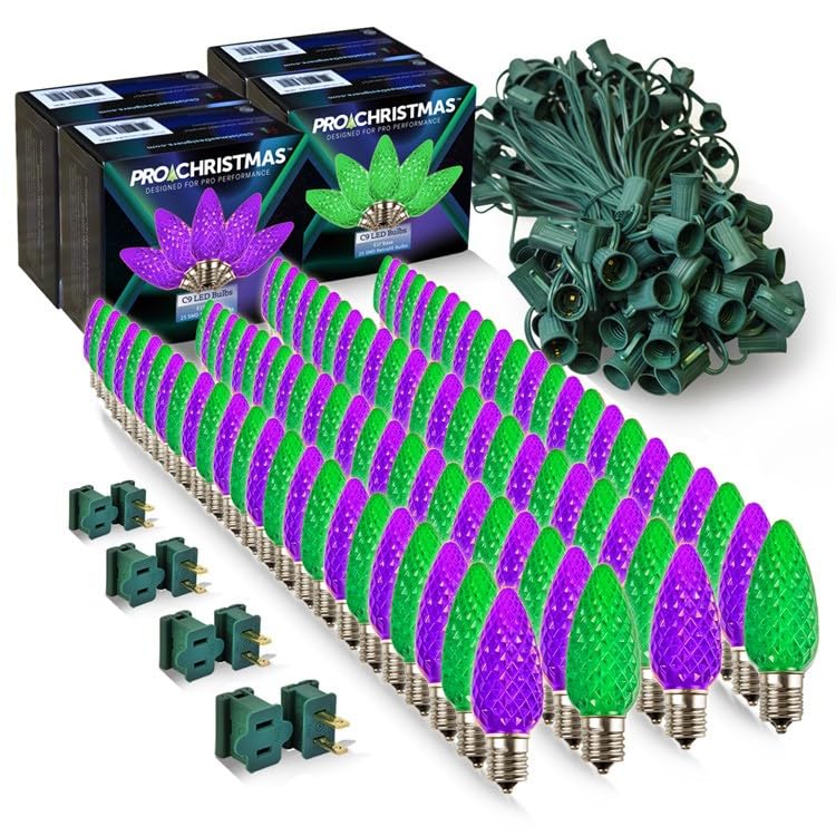 Pro Christmas C9 LED Christmas Light Kit for Rooflines & Pathways - DIY Cut to Length  Outdoor Commercial Grade (Green Wire w/Vampire Plugs  100 Bulbs  100 ft) Purple and Green