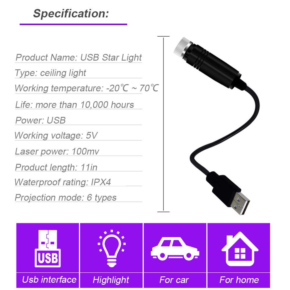 Usb Night Light, Bailongju Star Projector Night Light, Adjustable Romantic Red Interior Car Lights, Bending Freely Portable Auto