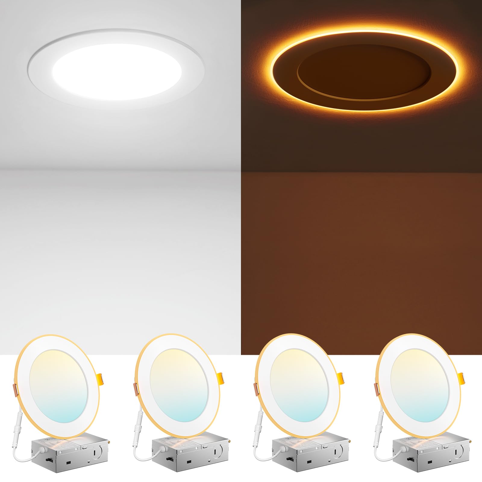 Amico 4 Pack 6 Inch 5Cct Led Recessed Ceiling Light With Night Light  2700K/3000K/3500K/4000K/5000K Selectable Ultra-Thin Recessed Lighting  12W=110W  1100Lm  Dimmable Canless Wafer Downlight Etl&Fcc