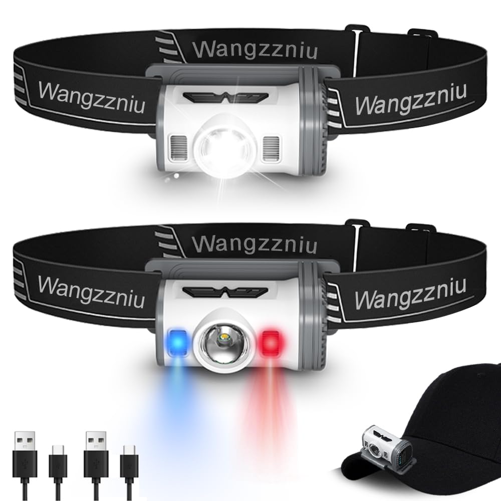 Wangzzniu LED Headlamp Rechargeable Type-C, 2 Pack Super Bright Head Lamps, 8 Modes Clip on Head Lightweight Headlight IPX4 Wate