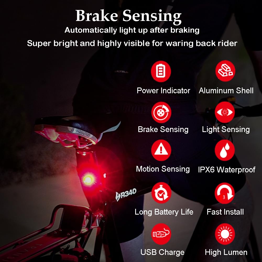 G Keni Q5 Smart Brake Sensing Rear Bike Light, IPX6 Waterproof, Rechargeable, Ultra Bright LED, Red, 1 Pack