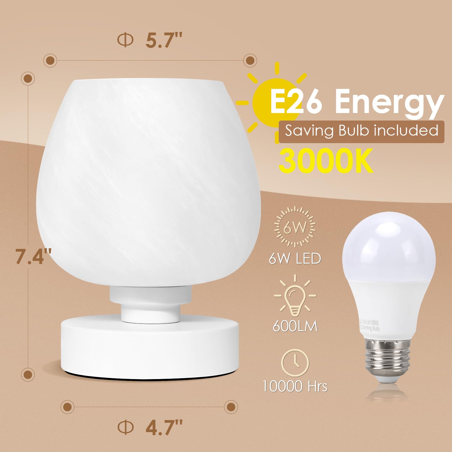 Soilsiu Bedside Table Lamp - Touch Control, 3-Way Dimmable, Metal, White Opal Glass Shade, Warm LED Bulb Included, Model GL-002