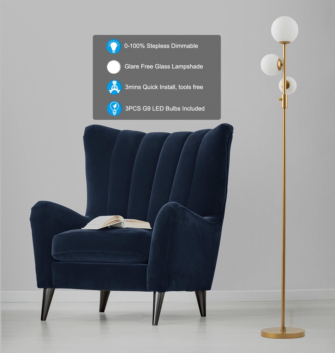 Fiqevs Upgraded Dimmable 3 Globe Floor Lamp, Mid Century Modern Gold Standing Lamp With 800 Lumens Led Bulbs & Eye-Caring Froste