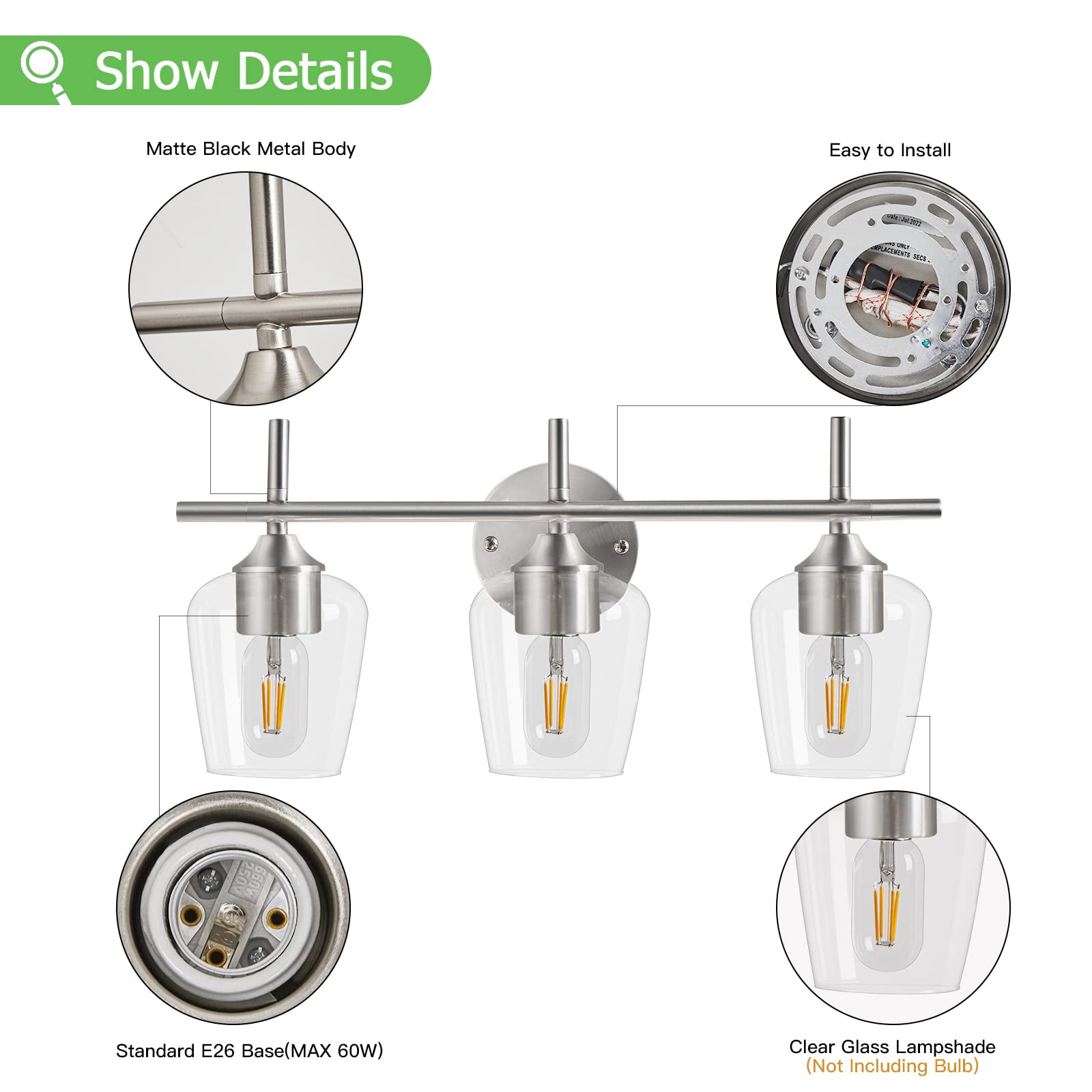 Foucasal 3-Light Bathroom Light Fixture, Brushed Nickel Vanity Lamp, Model ULB0046H-2 for Mirror, Kitchen, Bedroom, Hallway