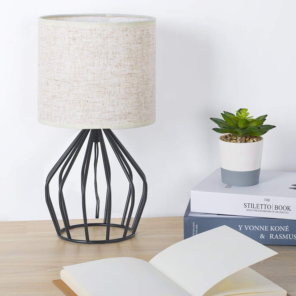 HAITRAL Black Modern Table Lamp - Minimalist Design, 13.8" x 7.1", Linen Shade, Vintage Nightstand Lamp for Bedroom & Living Room