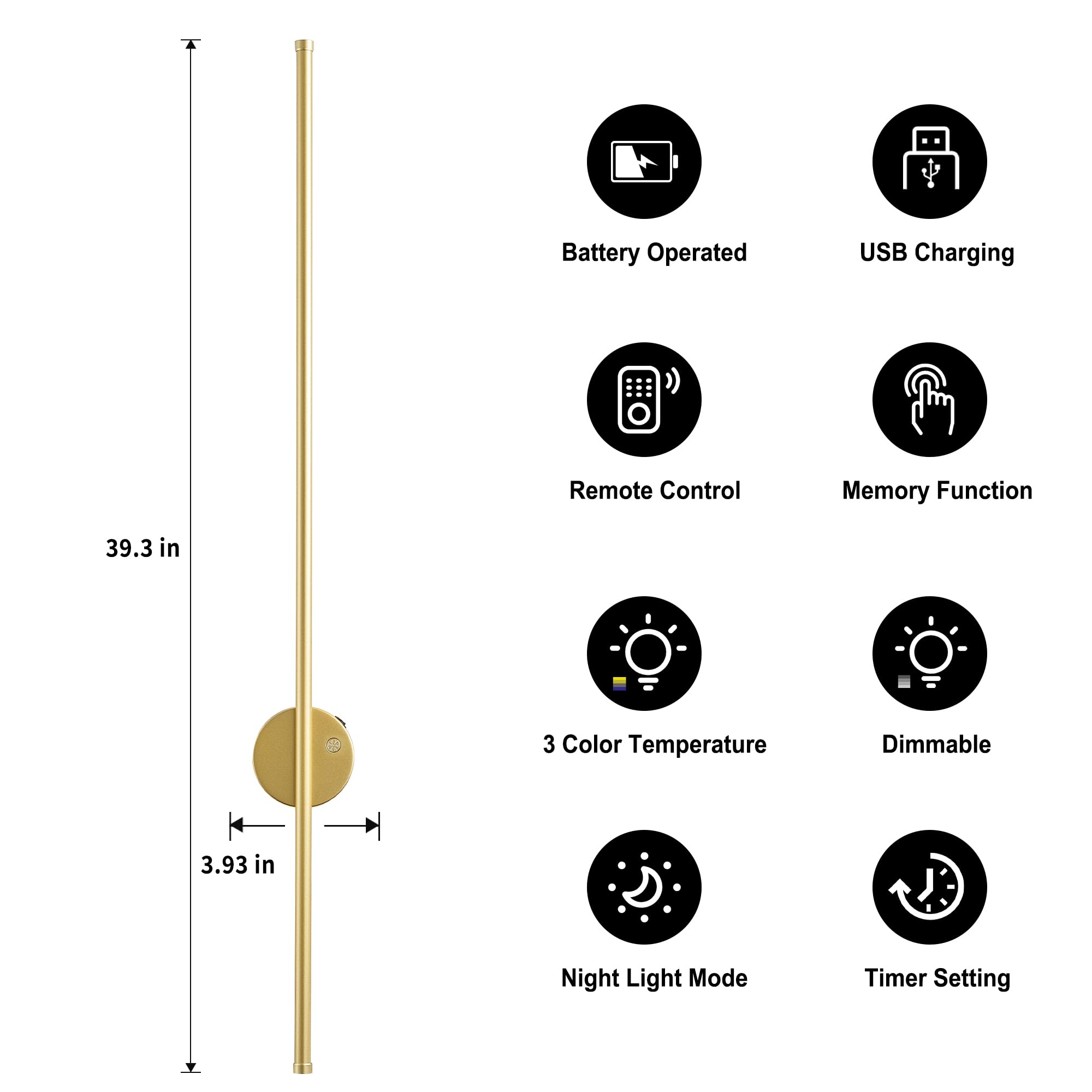 KARTOOSH Modern Motion Sensor Wall Sconce Set of Two, 39.3" Gold, Dimmable, Wireless, Rechargeable with Remote Control