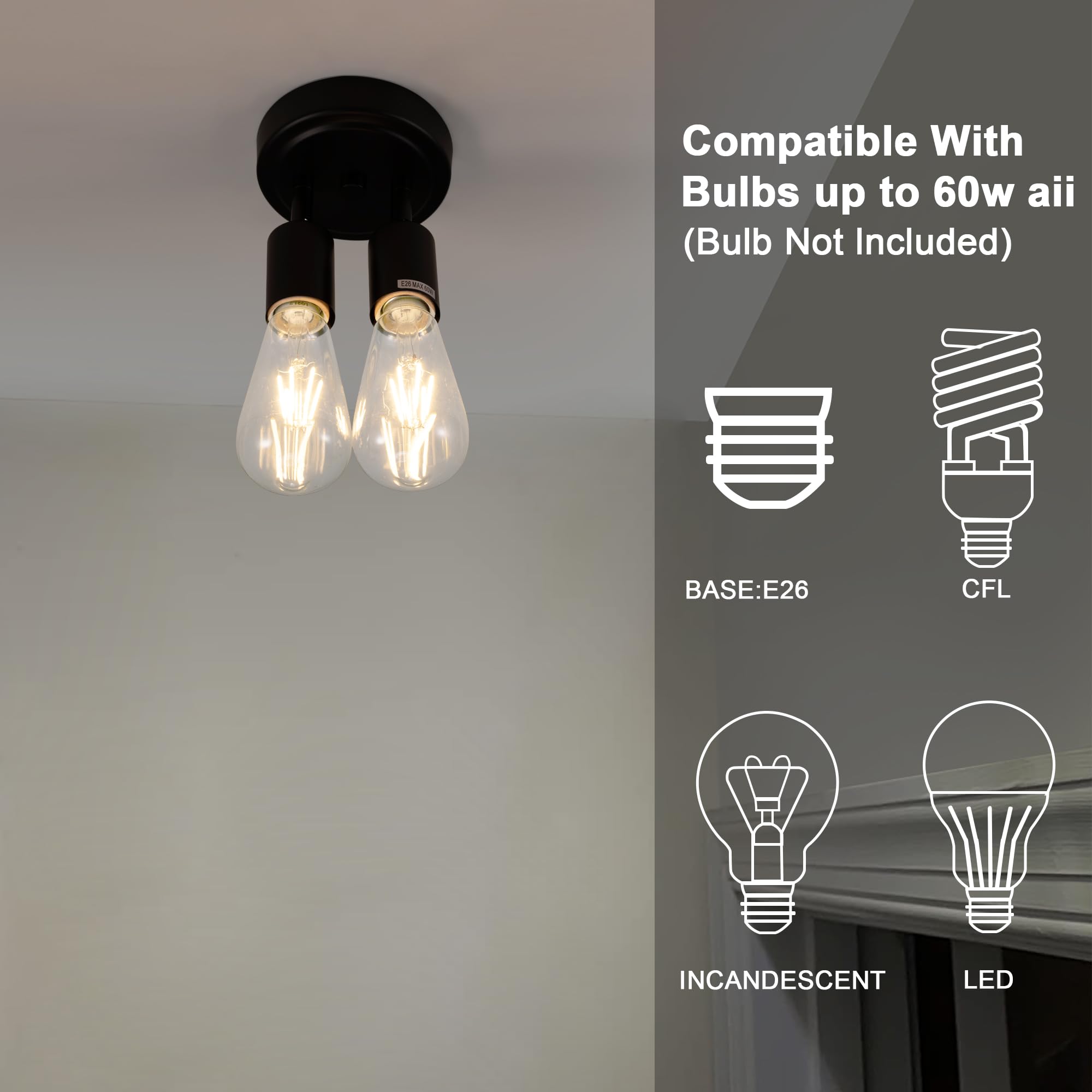 Edzemuwa Semi Flush Mount 2Light Ceiling Light Matte Black With E26 Base Modern Chandelier For Farmhouse Kitchen Dining Room Bed