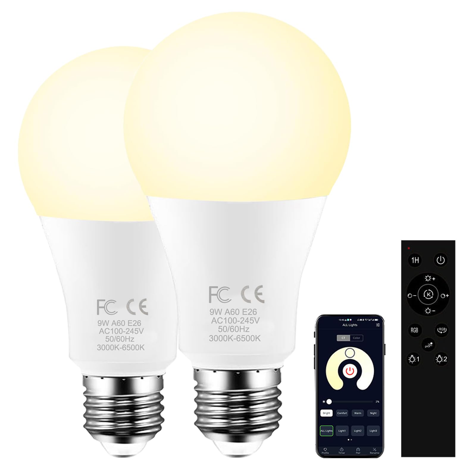 AILEMING LED Bulb with a 2.4GHz Remote Control, A60 9W Color Changing Smart Light Bulb for Lamp, Bderoom, Mood Soothing, 80W Equ